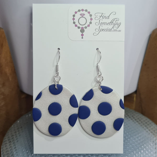 Polymer Clay Earrings Oval on Hooks - Blue Dots on White Shimmer