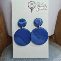 Polymer Clay Earrings Small/Big Circles  - Blue Swirl Polished