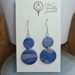 Polymer Clay Earrings Double Circle on Hooks - Blue/Mauve Swirl