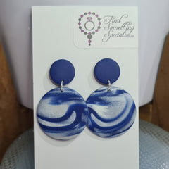 Polymer Clay Earrings Small/Big Circles  - Blue & White Shimmer Swirl