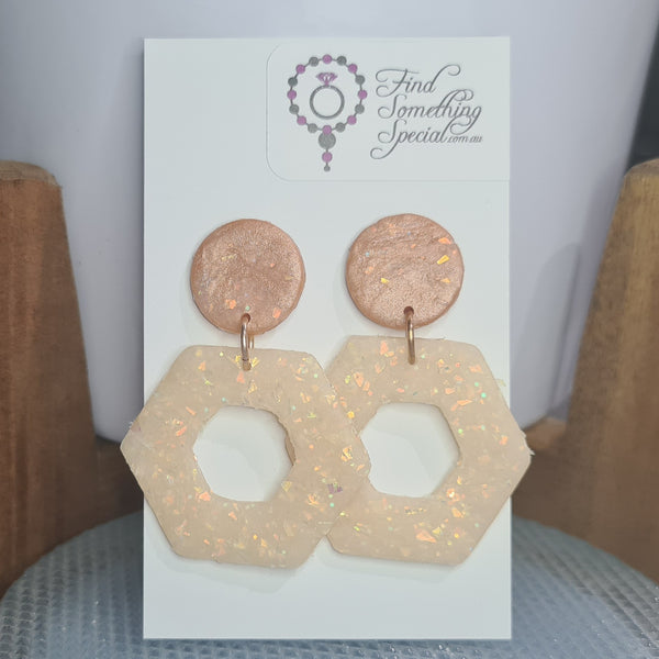 Polymer Clay Earrings Circle & Hexagon - Tan/Opal finish