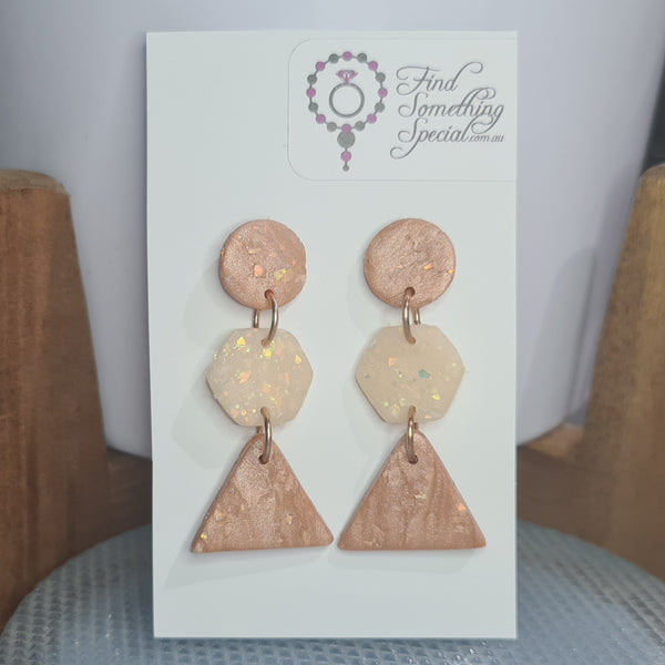 Polymer Clay Earrings Circle/Hexagon/Triangle - Tan/Opal finish