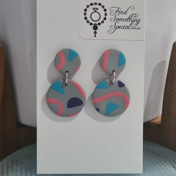 Polymer Clay Earrings Double Circles  - Pink/Grey Blue Shape Pattern