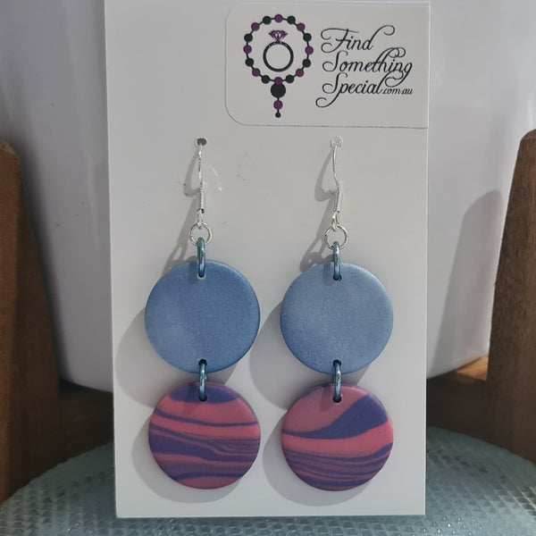 Polymer Clay Earrings Circles on Hooks - Blue/Purple/Pink