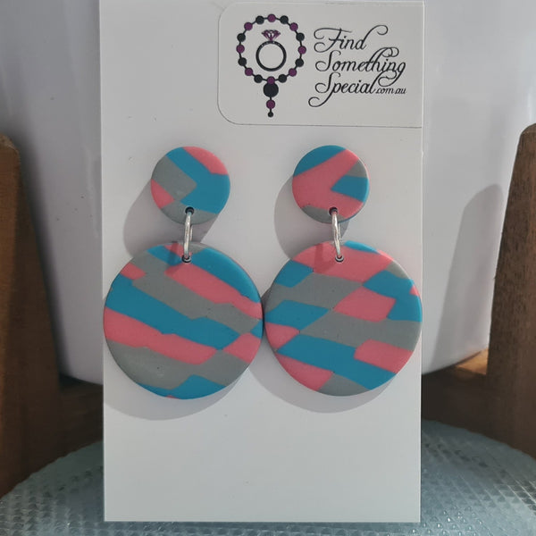 Polymer Clay Earrings Small/Big Circles  - Pink/Blue/Grey Pattern
