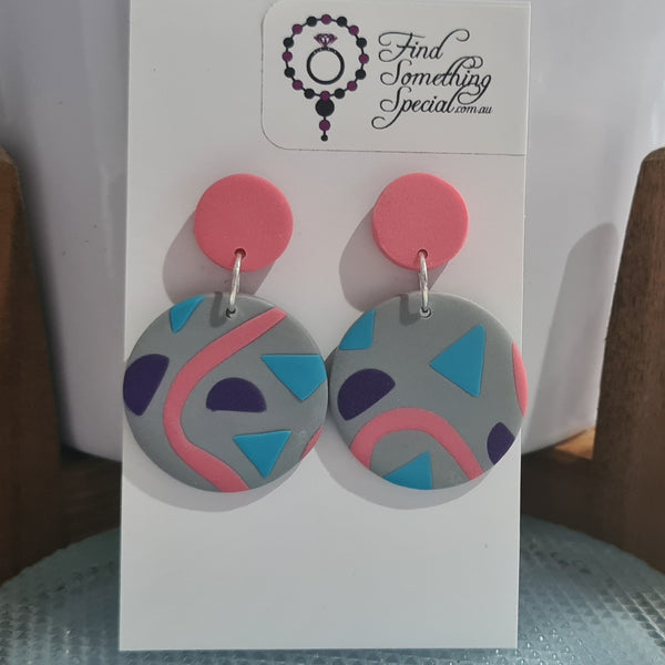 Polymer Clay Earrings Small/Big Circles  - Pink/Blue/Grey Shape Pattern