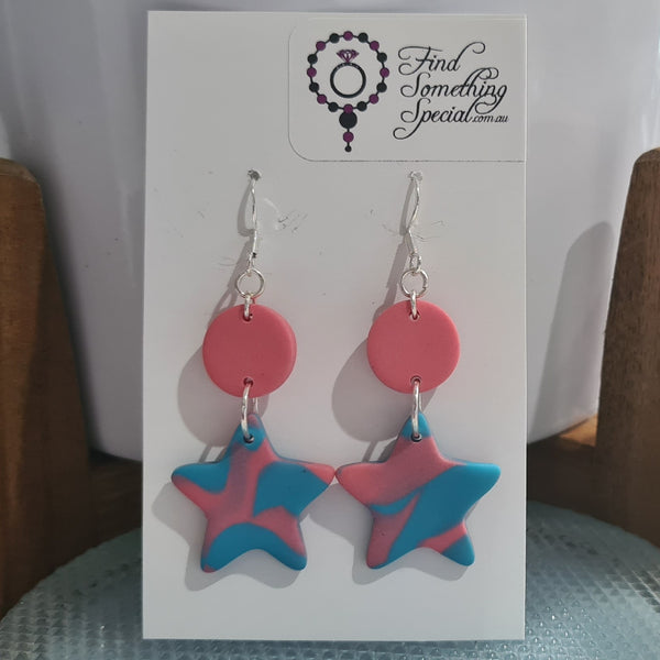 Polymer Clay Earrings Circle & Star on Hooks - Blue/Pink