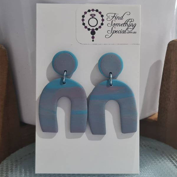 Polymer Clay Earrings Circle & Arch - Blue/Grey Swirl