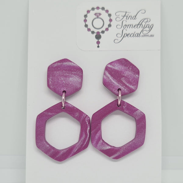 Polymer Clay Earrings Small Double Hexagon  - Purple/White Swirl