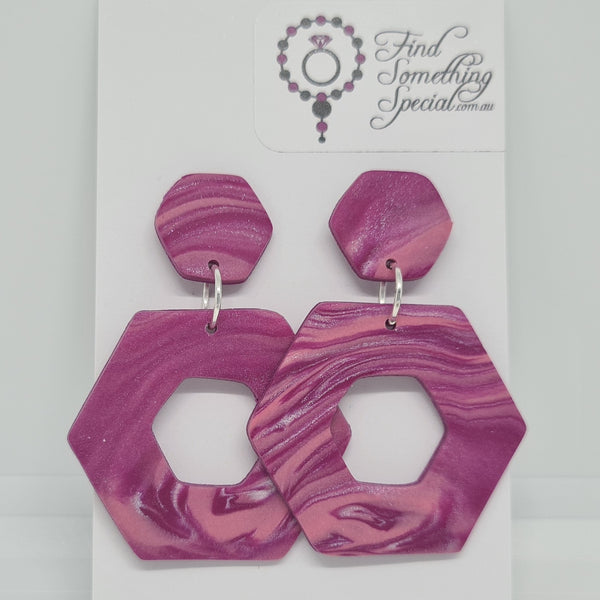 Polymer Clay Earrings Small/Large Hexagon  - Purple/Pink Swirl