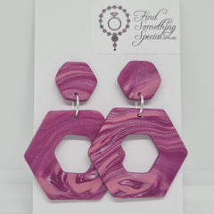 Polymer Clay Earrings Small/Large Hexagon  - Purple/Pink Swirl