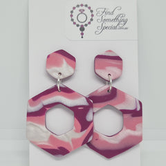 Polymer Clay Earrings Small/Large Hexagon  - Purple/Pink/White Swirl