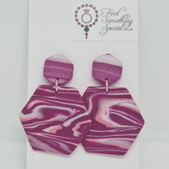 Polymer Clay Earrings Small/Large Full Hexagon  - Purple/Pink/White Swirl