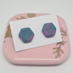 Polymer Clay Studs - Green/purple hexagon