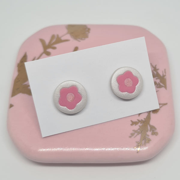Polymer Clay Studs - Pink Flowers on White