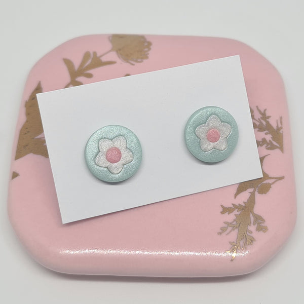 Polymer Clay Studs - White Flower on Green
