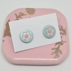 Polymer Clay Studs - White Flower on Green