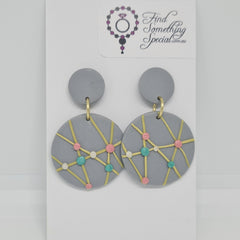 Polymer Clay Earrings Small/Big Circles  - Grey with Gold String & Dots