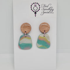 Polymer Clay Earrings Circle/Trapezium  - Tan & Rainbow