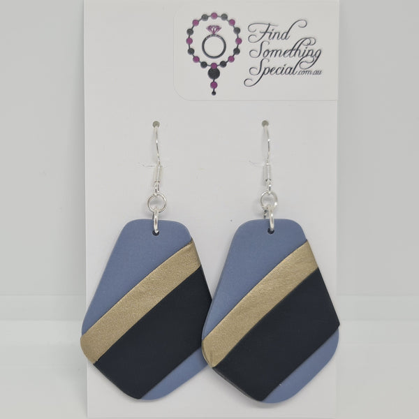 Polymer Clay Earrings with Hooks - Trapezium Stone with Black/Gold Stripe
