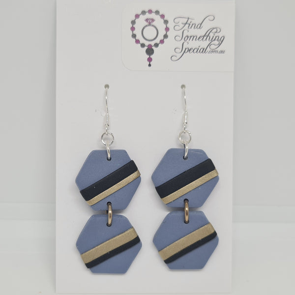 Polymer Clay Earrings with Hooks - Double Hexagon Stone with Black/Gold Stripe
