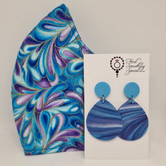 Handmade Face Mask with Matching Polymer Clay Earrings - purple/Blue swirl