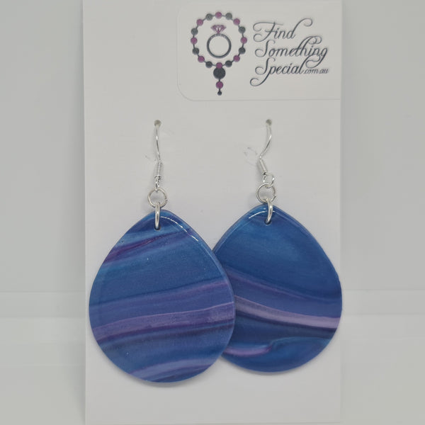 Polymer Clay Earrings with Hooks - Blue/Purple Tear Drop with Resin