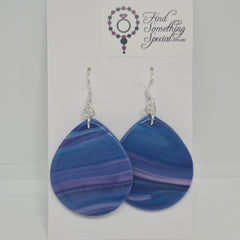 Polymer Clay Earrings with Hooks - Blue/Purple Tear Drop with Resin