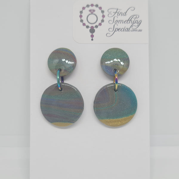 Polymer Clay Earrings Circle/Med Circle  - Rainbow with Gold