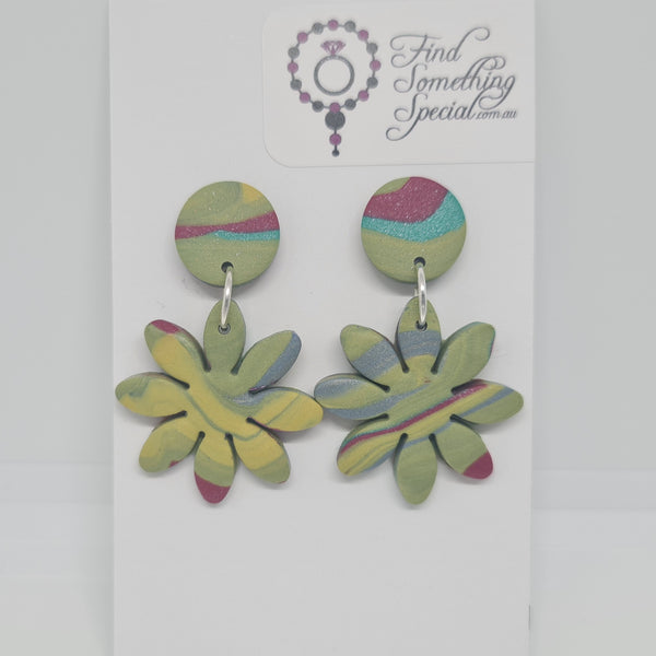 Polymer Clay Earrings Circle/Flower  - Greens & Rose Swirl