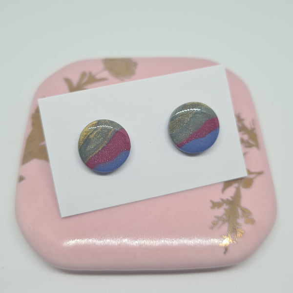 Polymer Clay Studs - Rose/Blue/Gold Stripe with Resin