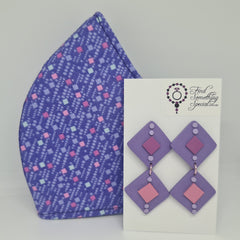 Handmade Face Mask with Matching Polymer Clay Earrings - pink/purple diamonds Design A