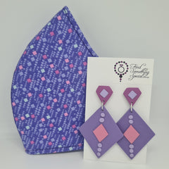 Handmade Face Mask with Matching Polymer Clay Earrings - pink/purple diamonds Design B