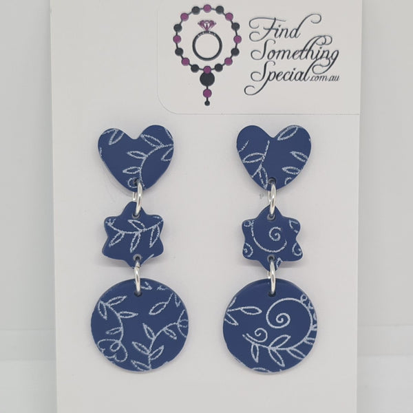 Polymer Clay Earrings heart/star/circle  - Blue with white print