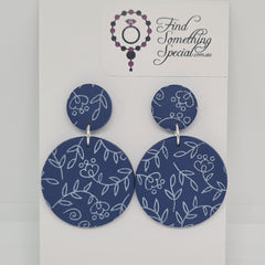 Polymer Clay Earrings Small/Big Circles  - Blue with white print