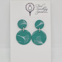 Polymer Clay Earrings Double Circles  - Green with white print