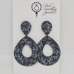 Polymer Clay Earrings Large Tear Drop - Black with white print