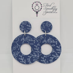 Polymer Clay Earrings Small circle/ big donut  - Blue with white print