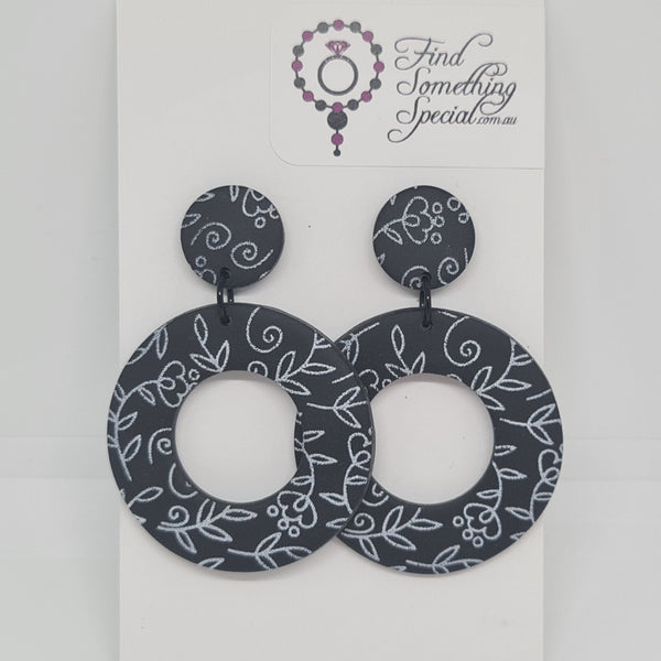 Polymer Clay Earrings Small circle/ big donut  - Black with white print