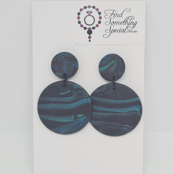 Polymer Clay Earrings Small/Big Circles  - Black with blue/green swirls