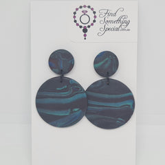 Polymer Clay Earrings Small/Big Circles  - Black with blue/green swirls