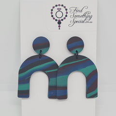 Polymer Clay Earrings Small circle with arch  - Black with blue/green/red stripe