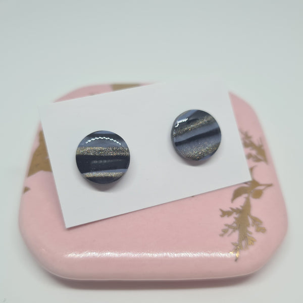 Polymer Clay Studs - Black/Blue/Gold stripe with Resin