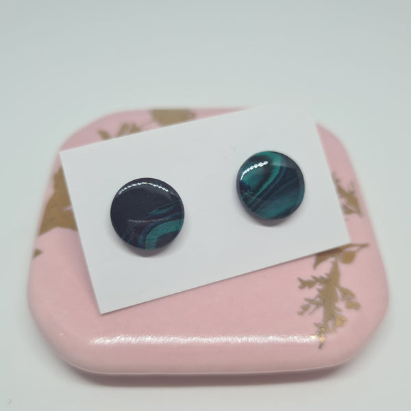 Polymer Clay Studs - Black/green swirl with Resin
