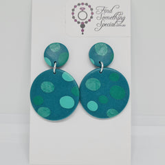 Polymer Clay Earrings Small/Big Circles  - Teal Polka Dots