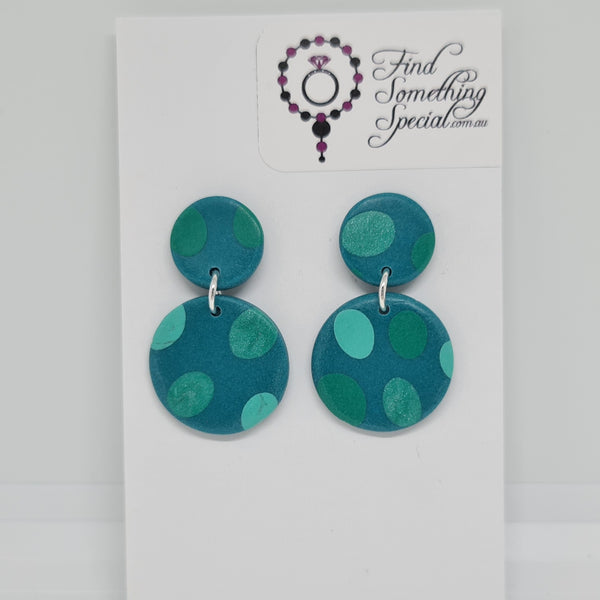 Polymer Clay Earrings Double Circles  - Teal Polka Dots