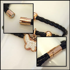 Leather Layered Magnetic Butterfly Bracelet Rose Gold on Black - Find Something Special