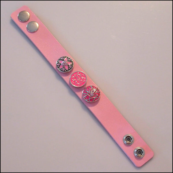 Wide Leather 3 Snap Bracelet Pink - Set 2