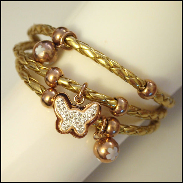 Leather Layered Magnetic Butterfly Bracelet Rose Gold on Gold