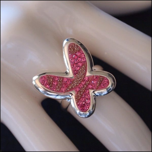 Pink Stripe Sterling Silver Butterfly Ring